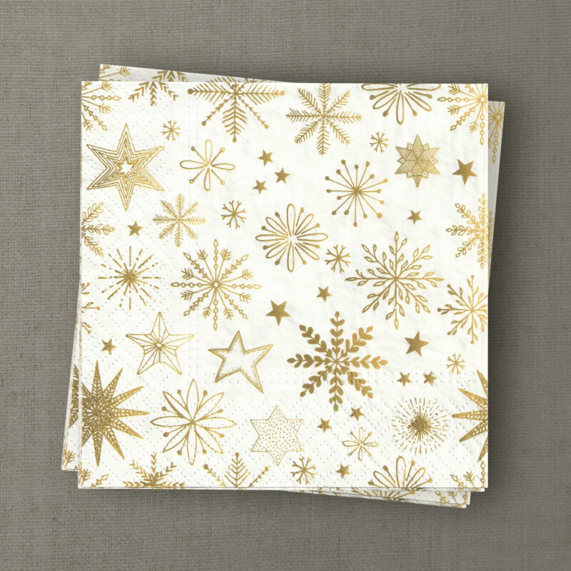 Apportez éclat et raffinement à vos tables de fêtes avec nos serviettes en papier imprimées de flocons de neige et étoiles dorés.